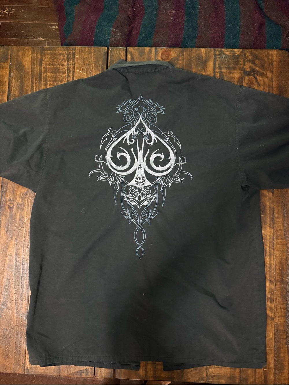 Men's Black Button-Down Shirt with Silver Tribal Spade Graphic